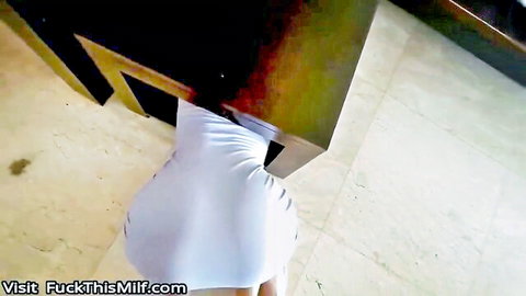 Curvy woman in white dress bent over stuck, unaware of fucking from behind