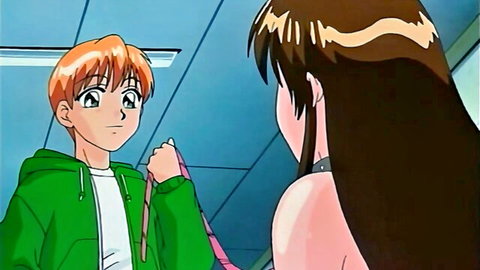 Anime orange-haired boy in green hoodie holds pink bag while eyeing choker-wearing brown-haired girl from behind in school hallway