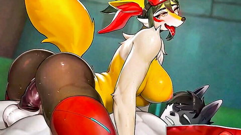 Curvy yellow anthro fox girl with big ass and tits rides black fox cock cowgirl in yellow swimsuit