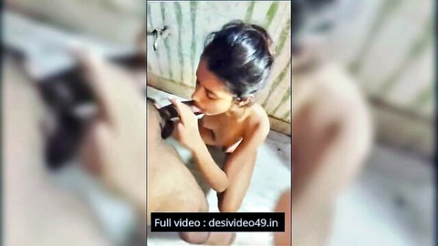 Indian slender girl nude blowjob in steamy bathroom scene