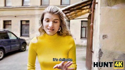 Blonde magician's girlfriend with nice boobs teases in yellow sweater for anal hookup