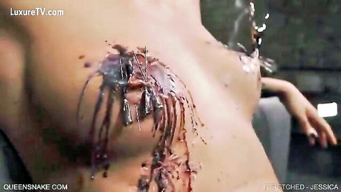 Jessica in extreme breast stretching fetish with wounds and blood, Queensnake Stretched 2