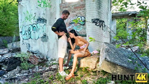Skinny brunette Eva Tender topless in outdoor POV with boyfriend