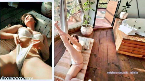Miki Infinita teases in white lingerie with leg up pose in photoshoot