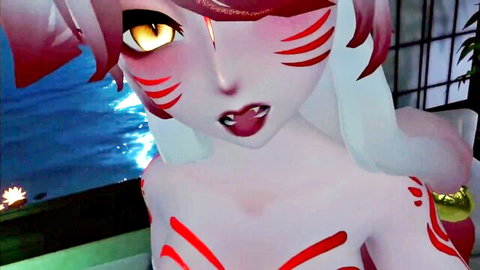 Seductive anime kitsune girl with fox ears and red markings, topless and teasing for breeding