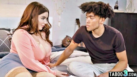 Curvy redhead SBBW stepmom with black stepson on bed, taboo interracial tease