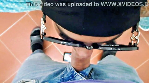 Amateur POV closeup of hard erect cock exposed from unbuttoned jeans with backwards cap and sunglasses