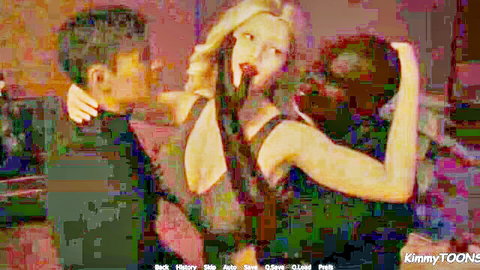 Blonde hentai babe with mouth stretched wide gagging on cock held by two rough men