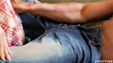 Muscular man with big black cock roughly fucking fair-skinned woman's tight pussy doggy style on couch