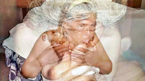 Blonde mature granny with huge tits sucking thick black cock in amateur homemade