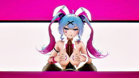 Hatsune Miku bunny girl topless, covering large breasts with hands, cyan twin tails