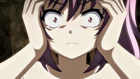 Shocked topless anime girl with purple hair in hentai scene from Goblin no Suana Ep. 3