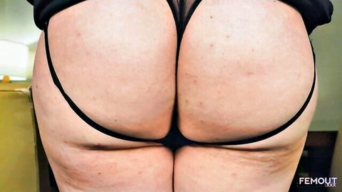 BBW's massive pale ass cheeks spread wide exposing tight asshole and pink pussy in black lingerie thong