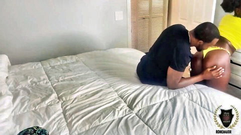 Ebony stud fucks thick black babe doggy style pulling yellow thong aside
