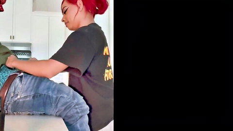 Redhead with jeans down bent over kitchen counter getting rough fucked from behind
