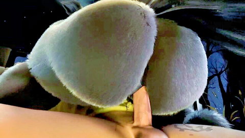Cartoon furry with massive white furry ass cheeks spread revealing hard pink cock from behind in dark forest.