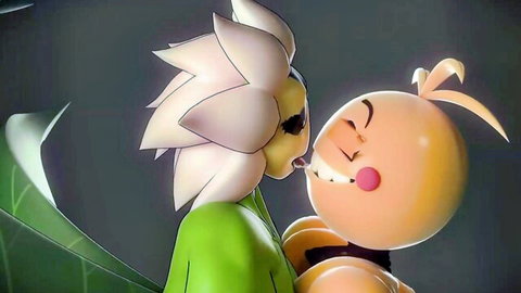 Anthropomorphic sunflower kissing orange plant character passionately