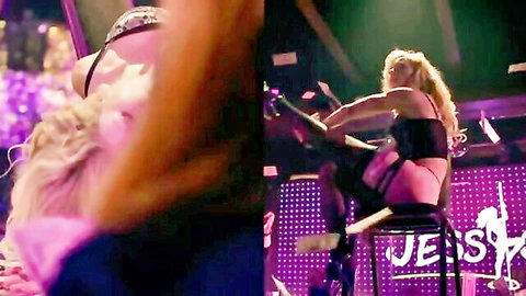 Leah Gibson blonde striptease on stage in Risque, sexy black outfit and stockings