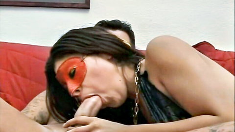 Masked brunette MILF performing intense blowjob on tattooed man