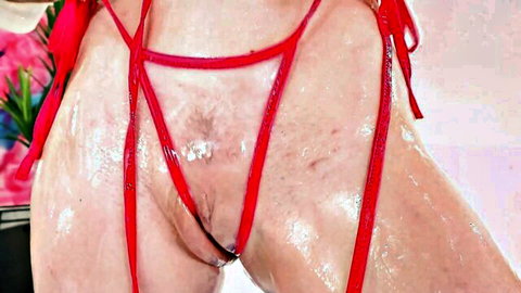 Sarah Taylor's wet red lingerie closeup with Chris Diamond poolside
