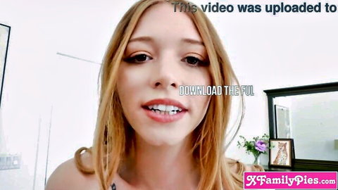 Blonde stepsister smiling teasingly in family incest roleplay video thumbnail