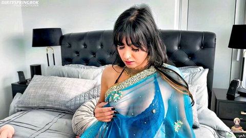 Aaliyah Yasin in sheer blue saree, teasing with visible breasts in solo session