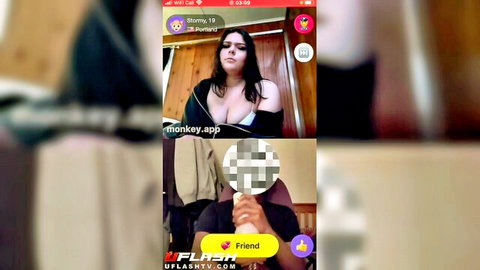 Brunette Bunny 19 flashes deep cleavage in black bra on Monkey app live chat