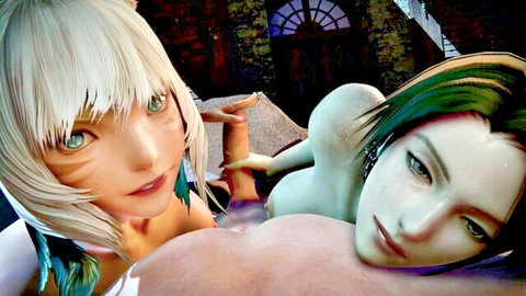 Y'shtola and Zero topless intimate embrace, fantasy elf girls cuddling