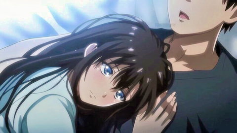 Anime girl with long black hair in intimate embrace with guy, ep.2