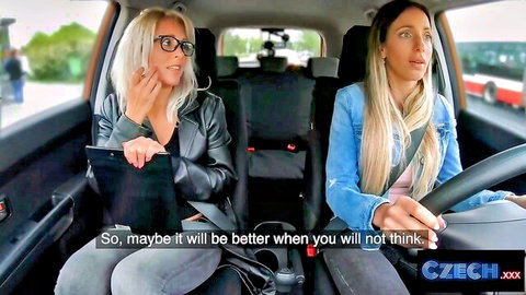 Blonde lesbian driving instructor with student in car, Czech XXX scene