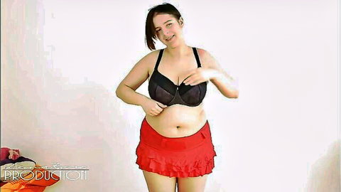 BBW brunette with huge tits in black lacy bra and red mini skirt teasing solo