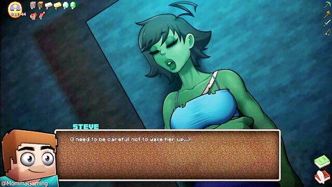 Minecraft Steve spies on sleeping green-skinned hentai babe with huge exposed tits