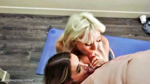 Blonde and brunette beauties in steamy yoga lesbian passion