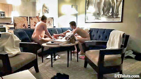 Nude men with pizza in swinger setup before blonde babes DP anal group sex