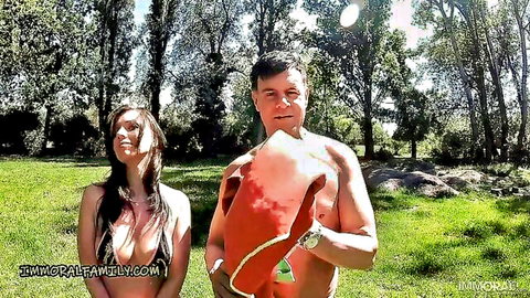 PAWG Jessie in red bikini with muscular stepdad outdoors