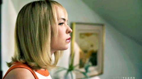 Lilly Bell seductive side profile in orange dress, PureTaboo scene