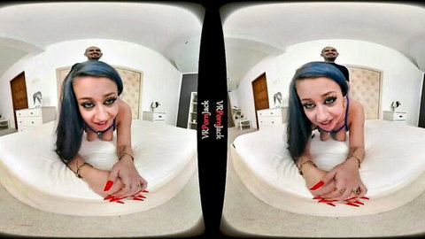 Seductive brunette MILF in white lingerie VR tease on bed