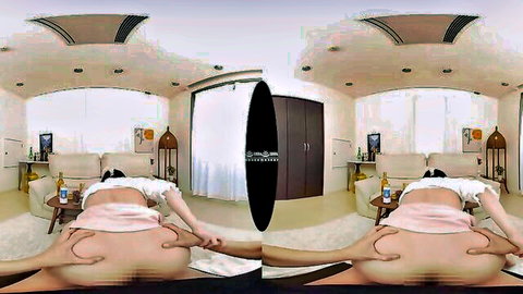 Japanese housewife bent over in POV VR, teasing big ass in pink top