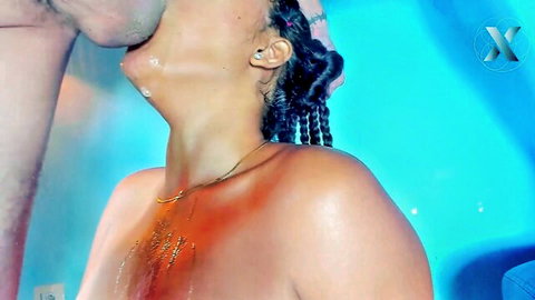 White man kisses ebony woman's cum-drenched neck and shoulder in hot interracial action
