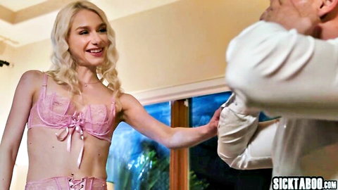 Blonde teen babe in pink lingerie teases boyfriend intimately
