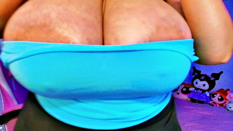 Busty webcam babe's massive tits overflowing tight blue tube top with kawaii plushies