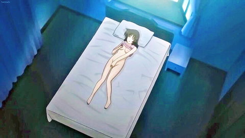Naked green-haired anime girl with tiny tits lying on bed covering pussy and nipples