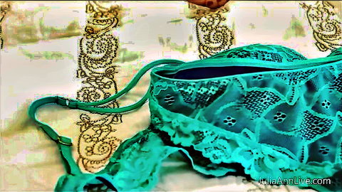 Julia Ann's emerald green lace lingerie, teasing MILF in JOI changing scene