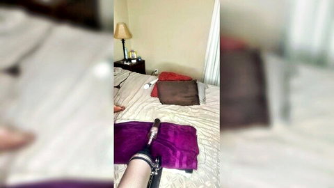 Sexy black babe in stockings plays with purple fuck machine dildo
