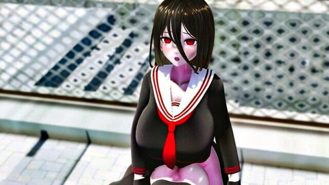 Anime futanari schoolgirl in tight uniform sitting outdoors with large breasts