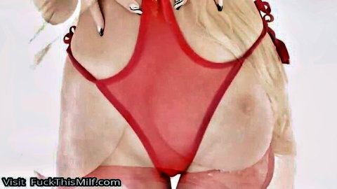 Savannah Bond blonde bombshell in sheer red lingerie teasing anal