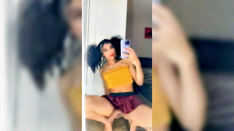 Luma Lavont upskirt tease in yellow crop top and maroon mini skirt