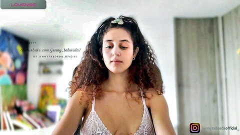 Jenny Taborda petite Latina in sheer lace bralette, seductive yoga pose