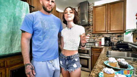 Skinny Shrooms Q with facial cumshot in crop top and shorts