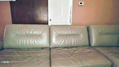 Empty beige leather couch in pink-walled living room with brown door and white doorframe webcam view